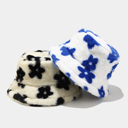 Floral Plattern Plush Winter Bucket Hats