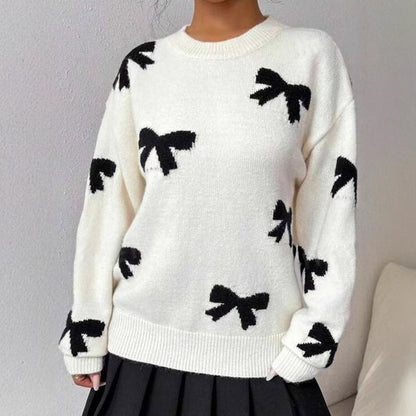 Elegant Round Neck Bow Jacquard Knit Sweater