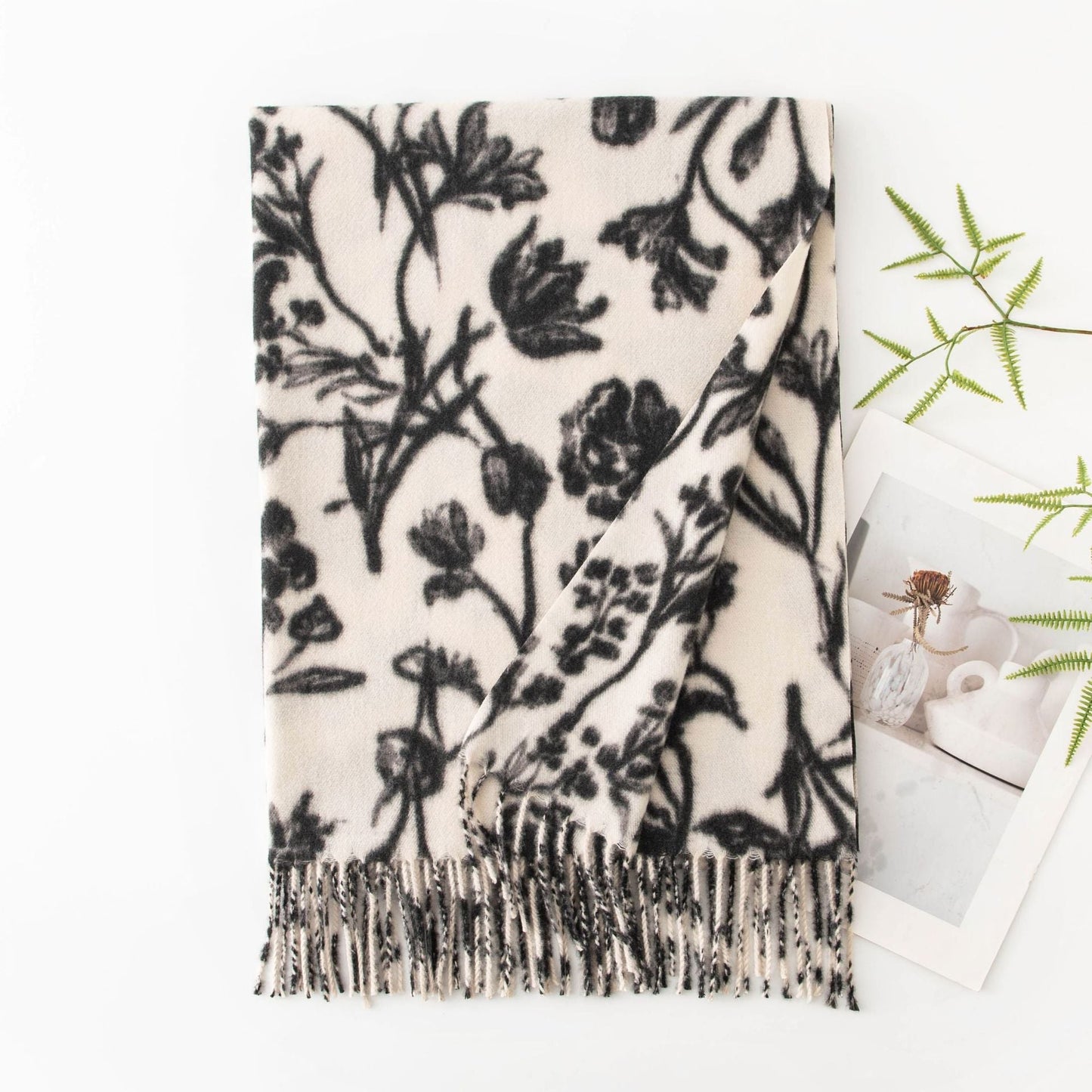 Floral Print Soft Fringed Thick Scarf