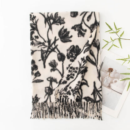 Floral Print Soft Fringed Thick Scarf