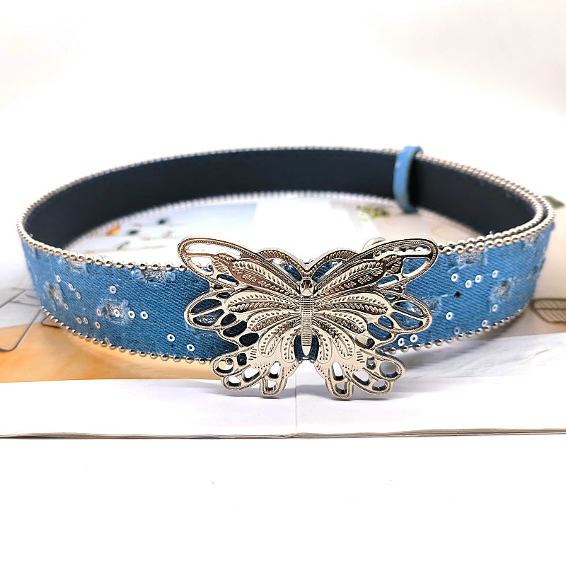 Butterfly Rhinestone Sequin Distressed Belt