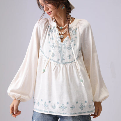 Floral Embroidered V-Neck String Loose Shirt
