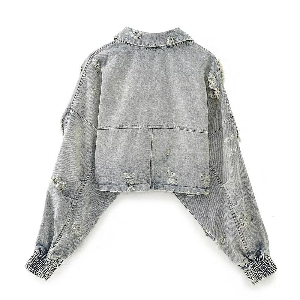 Trendy Ripped Denim Long Sleeve Cropped Jacket