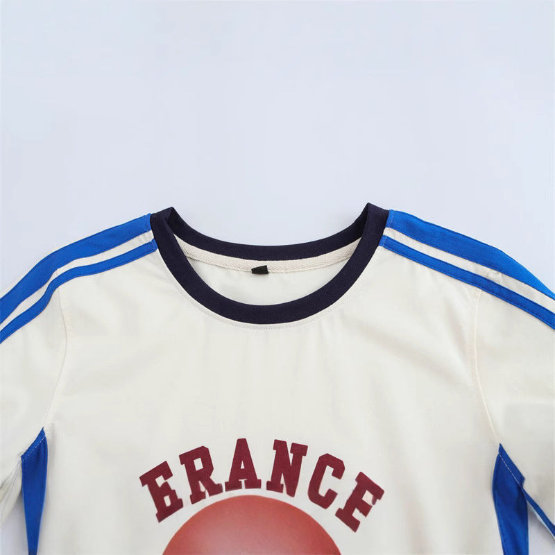 Round Neck Short Sleeve Striped Printed Top