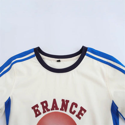 Round Neck Short Sleeve Striped Printed Top