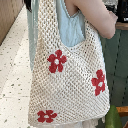 Flower Color Block Hollow Out Woven Handbag