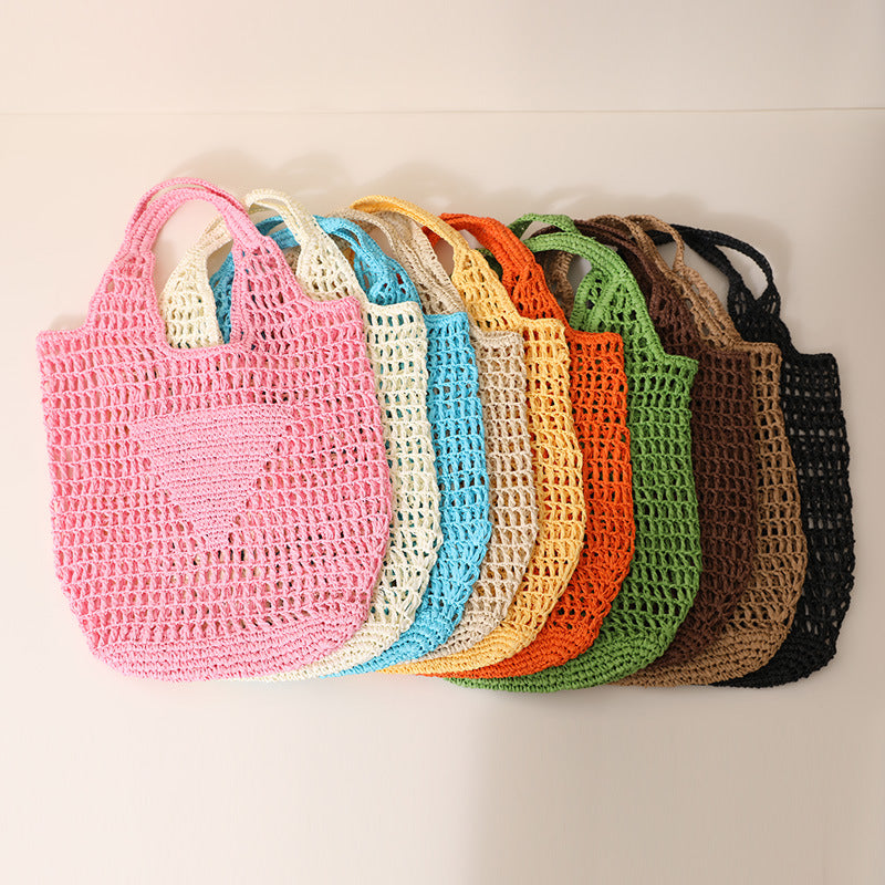 Solid Color Hollow Out Woven Handbag