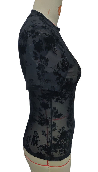 Print Short Sleeves Mesh Slim Top