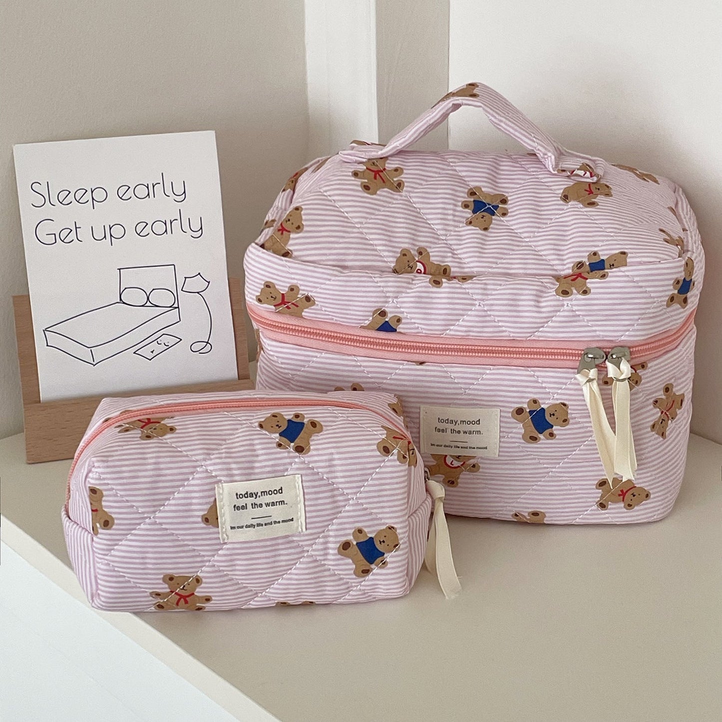 Cute Bear Print Striped Make Up Bag
