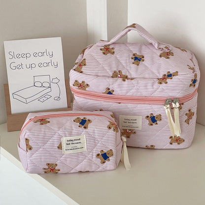 Cute Bear Print Striped Make Up Bag