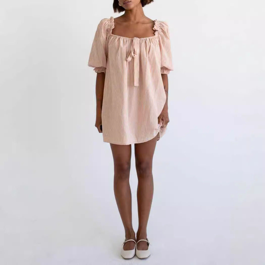 Vintage Off-Shoulder Puff Sleeve Babydoll Dress