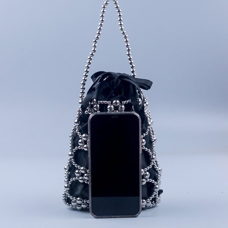 Hollow Solid Color Beads Handbag