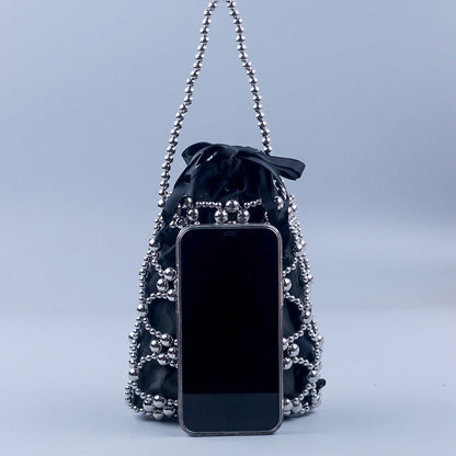 Hollow Solid Color Beads Handbag