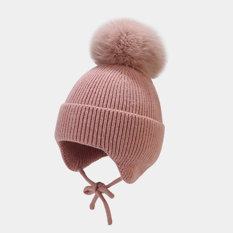 Solid Color String Tie Knit Pom Beanie