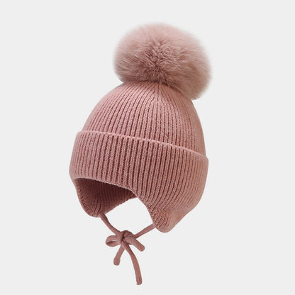 Solid Color String Tie Knit Pom Beanie