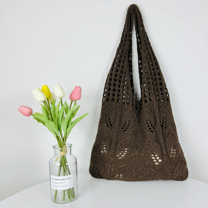 Solid Color Hollow Out Knit Shoulder Tote Bag