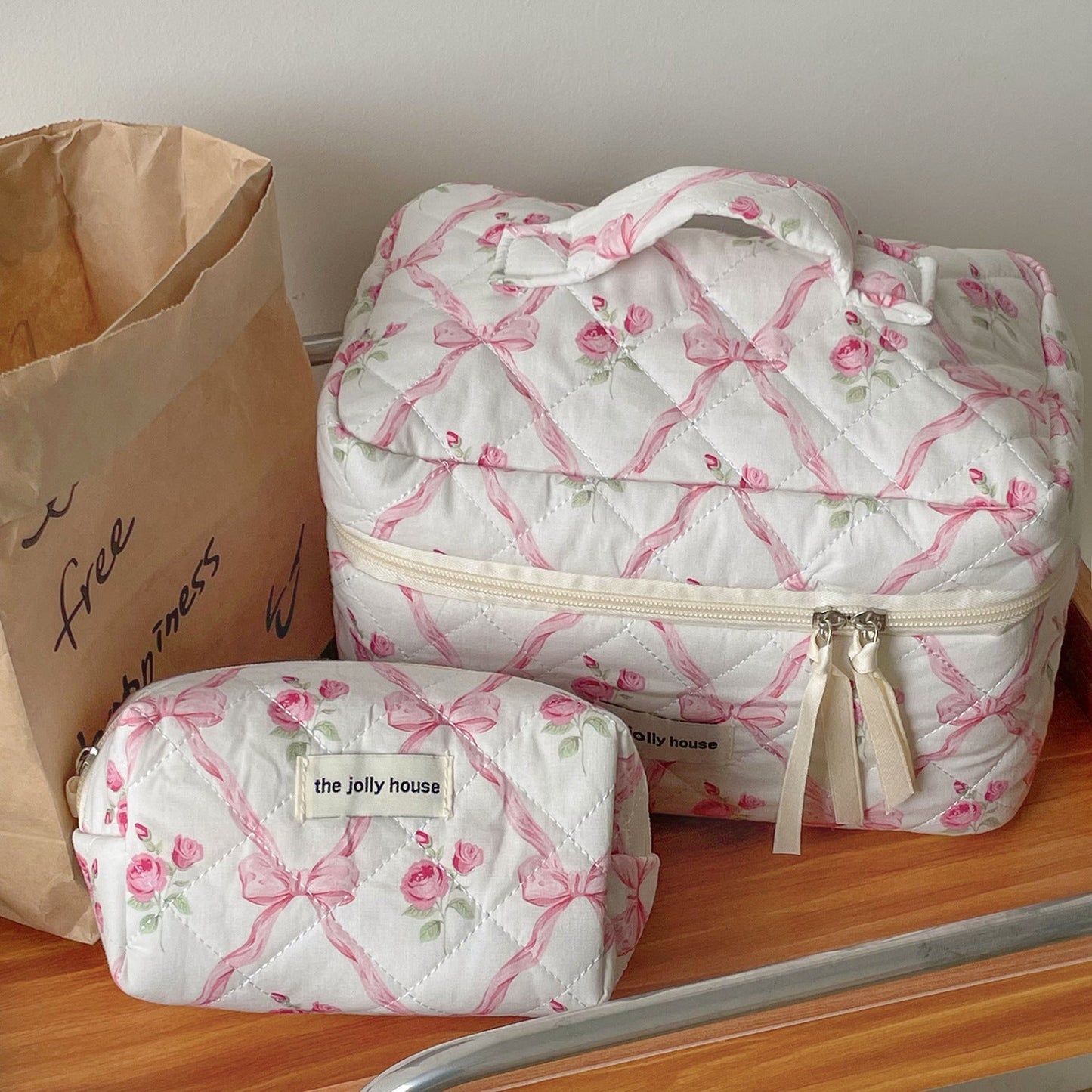 Bow Print Soft Portable Sweet Make Up Bag