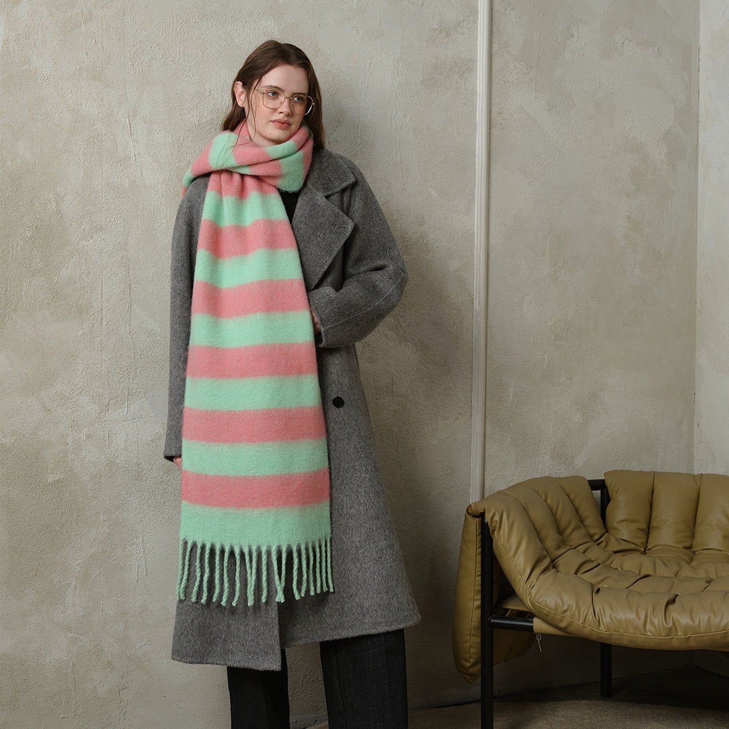 Striped Color Block Thicken Tassel Warm Scarve