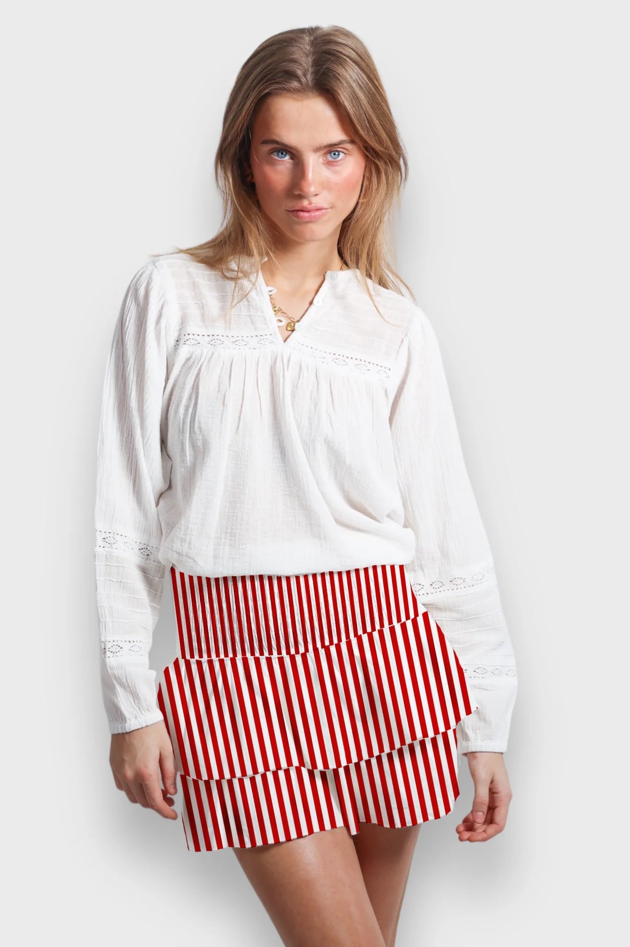 Striped Ruffle Layer Hem Casual Mini Skirts