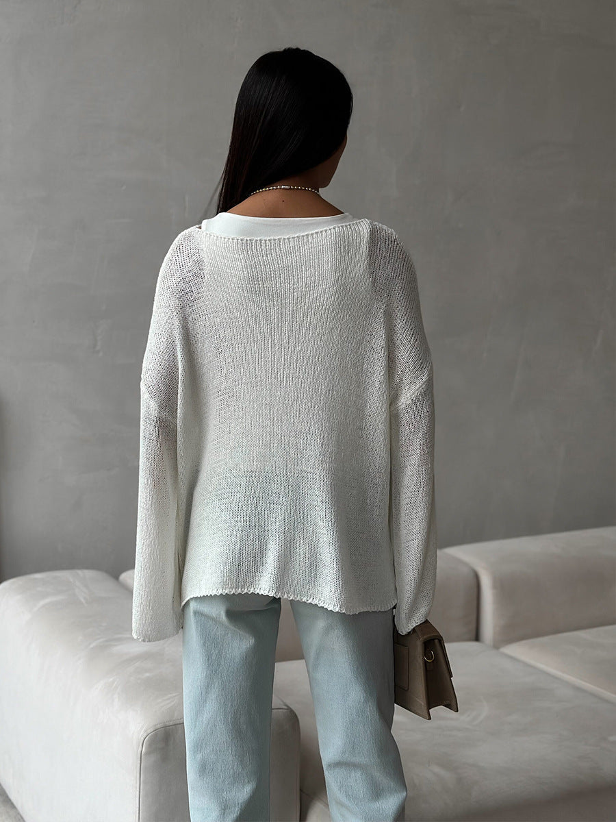 Minimalist Solid Color Knitted Hollow Out Top