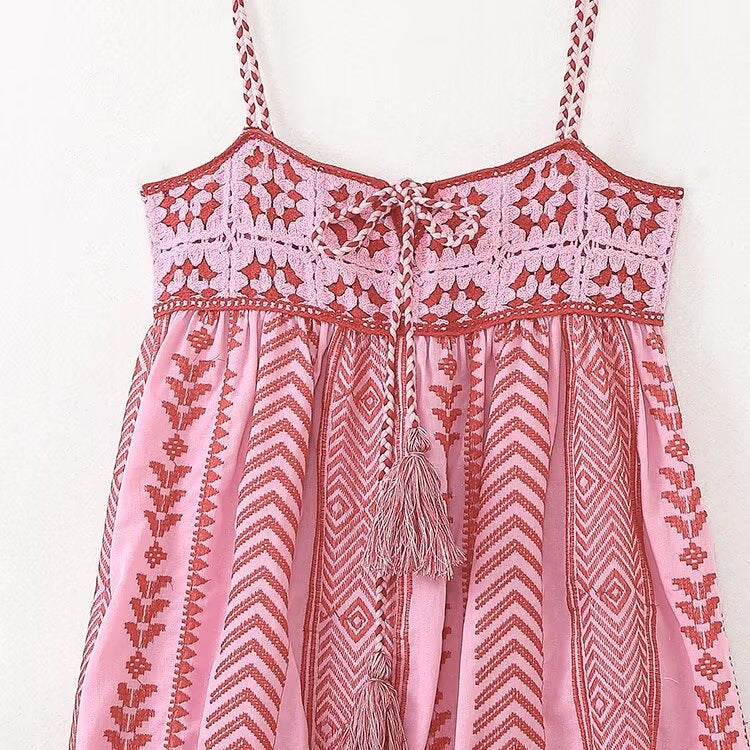 Color Block Embroider String Midi Dresses