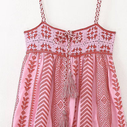 Color Block Embroider String Midi Dresses