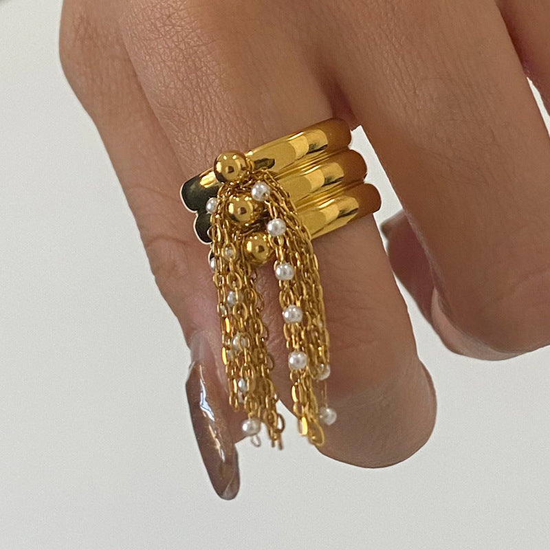 Elegant Pearl Tassel Pendant Open Ring