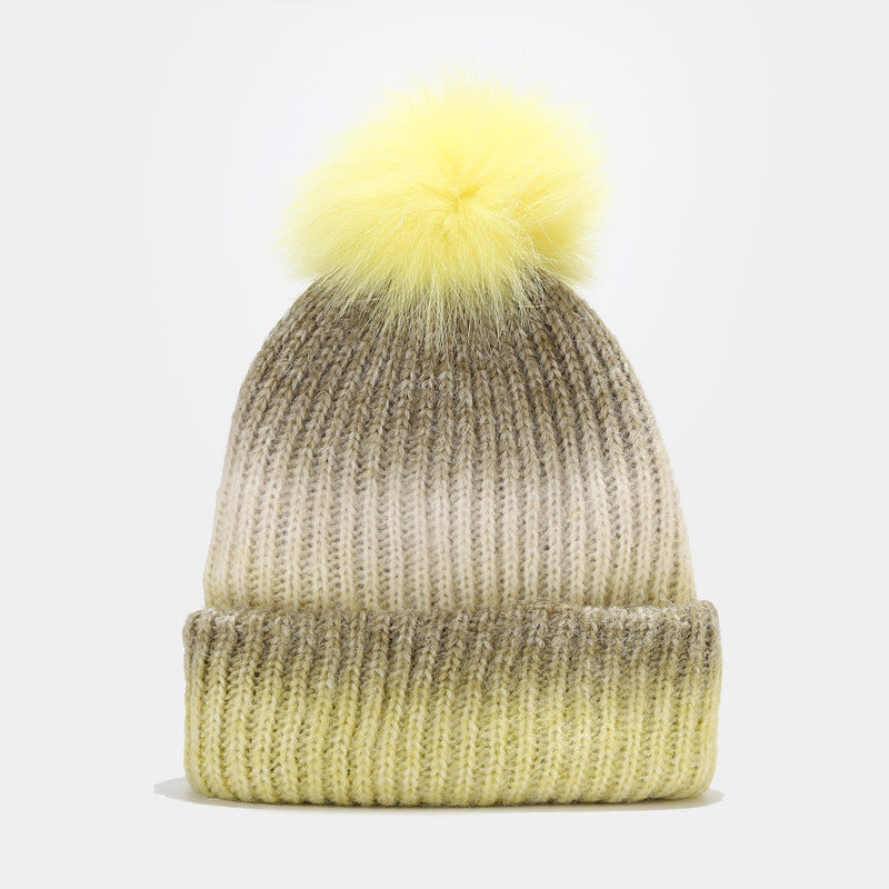 Gradient Contrast Color Cute Knit Pom Beanie
