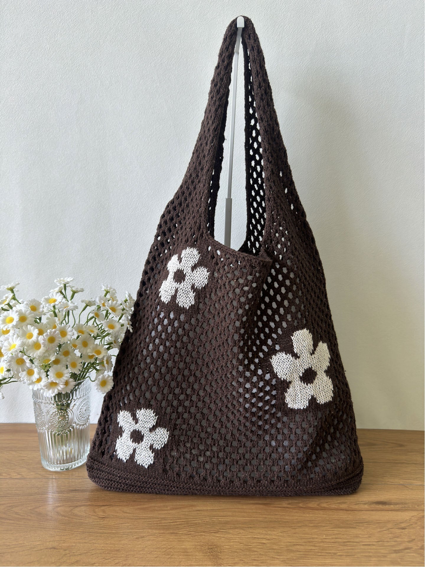 Flower Color Block Hollow Out Woven Handbag