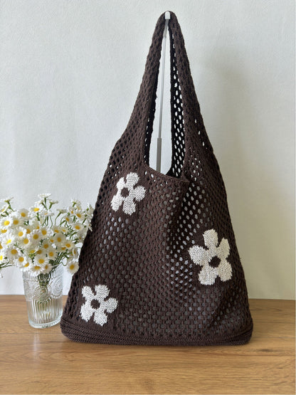 Flower Color Block Hollow Out Woven Handbag