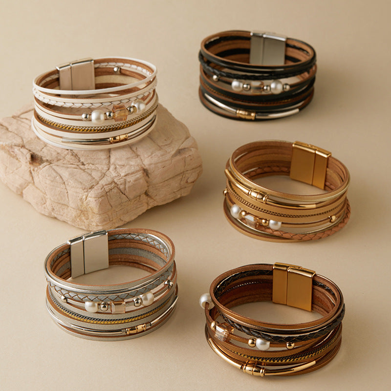 Vintage Pearl Layered Leather Bracelets