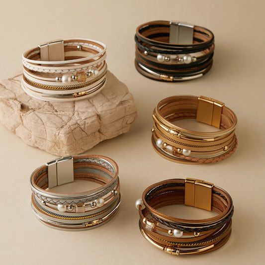 Vintage Pearl Layered Leather Bracelets