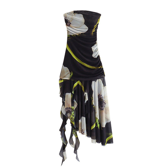 Trendy Strapless Printed Asymmetrical Midi Dress