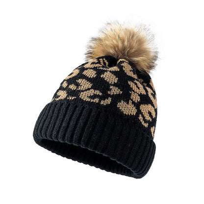 Leopard Print Warm Knit Pom Beanie