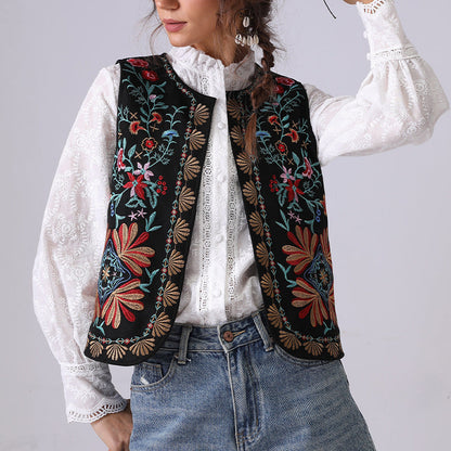 Boho Floral Embroidered Open Front Vest