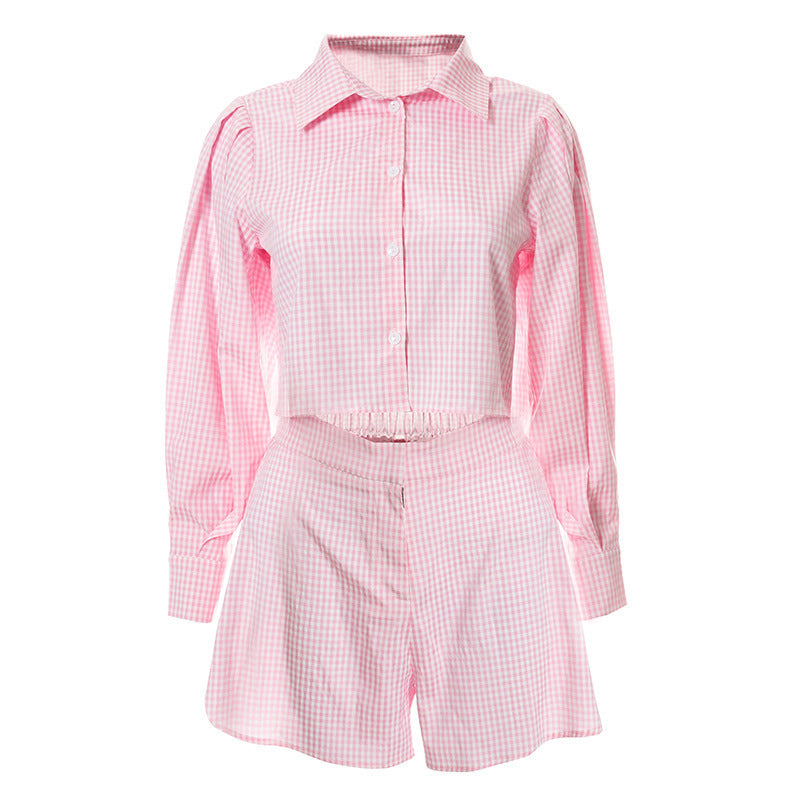 Elegant Lapel Collar Plaid Shirt Shorts Sets