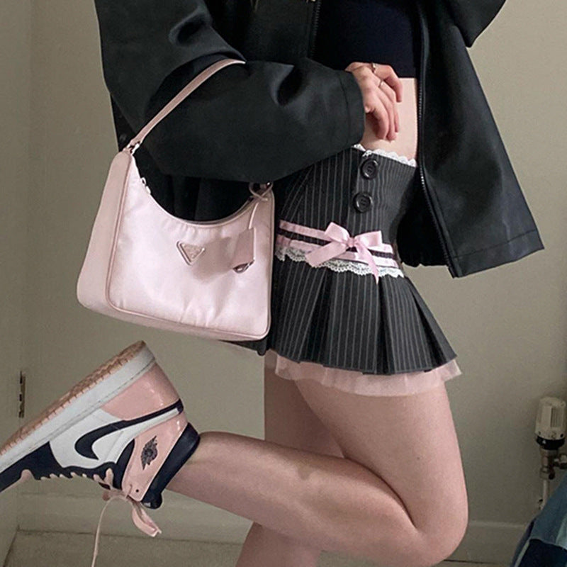 Striped Bow Lace Pleated Mini Skirt