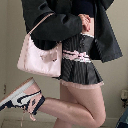 Striped Bow Lace Pleated Mini Skirt