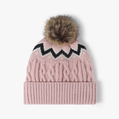 Splicing Twist Padded Knit Pom Beanie
