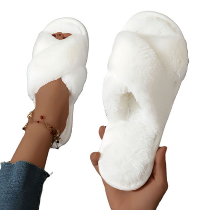 Fuzzy Cross Band Plush Home Slippers