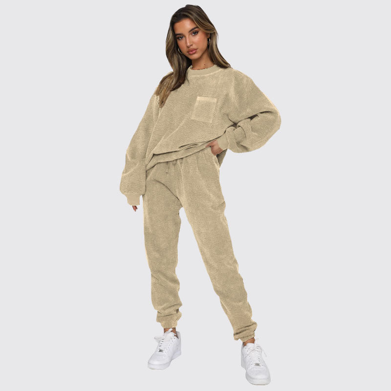 Solid Color Corduroy Casual Pullover Set