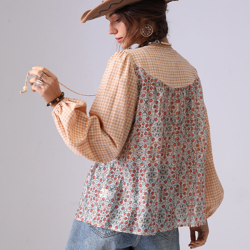 Floral Print Plaid String Pullover Shirt