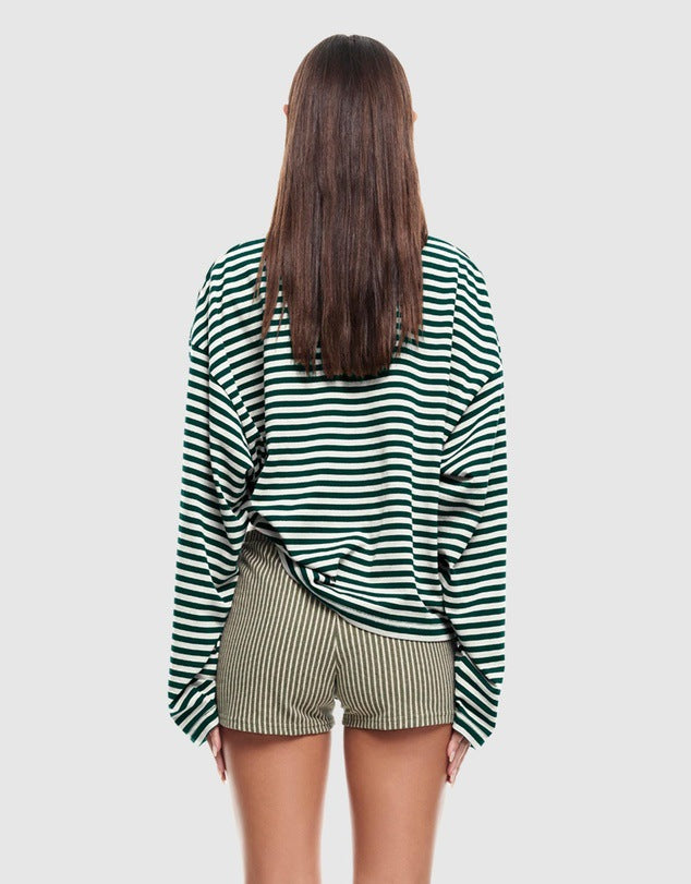 Round Neck Striped Long Sleeve Loose Shirt