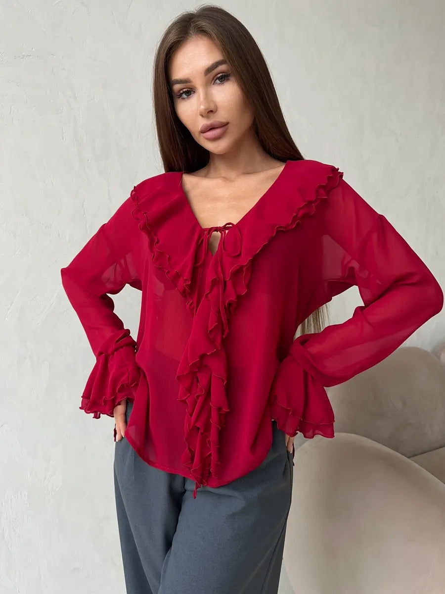 Ruffle V-Neck See Through String Tops