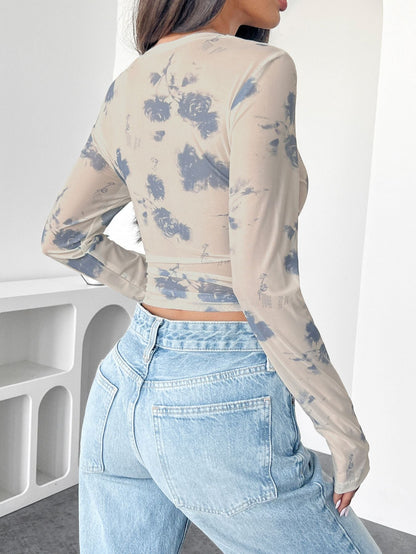 Flower Print Mesh Pleated Slim Short Top