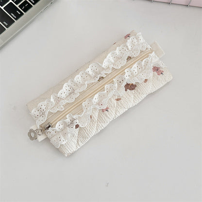Lace Trim Cotton Quilted Pencil Pouch