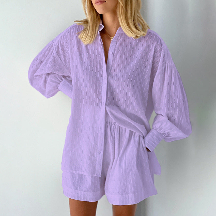 Jacquard Puff Sleeve Shirt Short Set