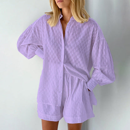 Jacquard Puff Sleeve Shirt Short Set