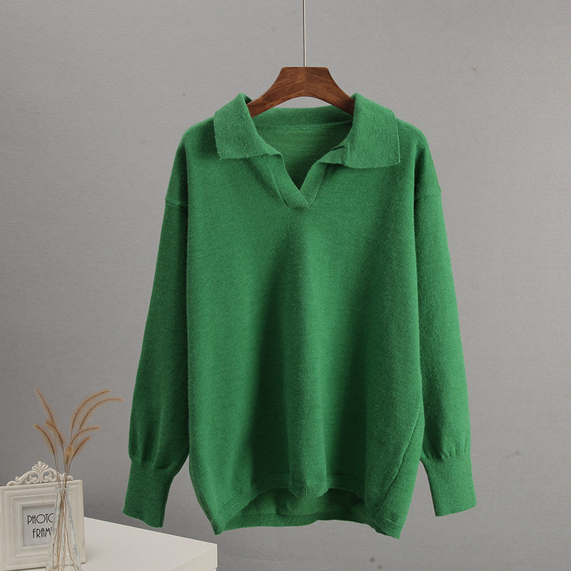 Trendy Polo Collar Long Sleeve Knit Sweater