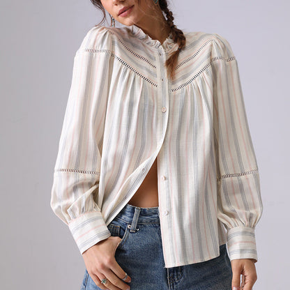 Simple Striped Long Sleeve Ruffle Neck Top